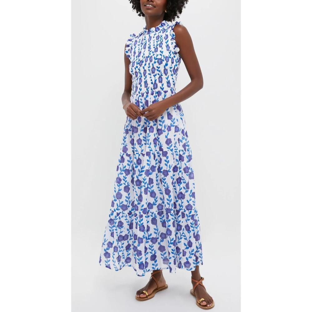 OLIPHANT Tuckernuck Sleeveless Smocked Maxi Dress Toscana Blue Block Print NWT M